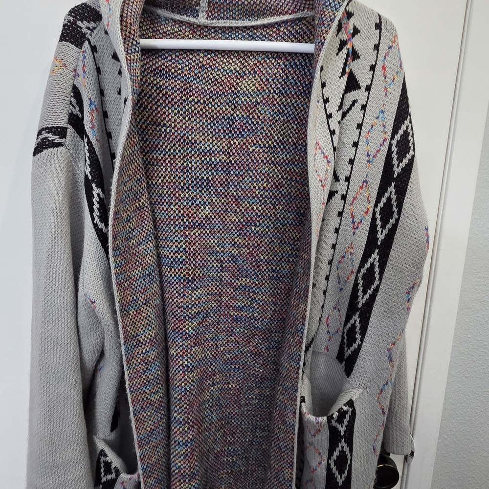 SHEIN Gray Open-Front Cardigan with Multicolor Knit Interior
